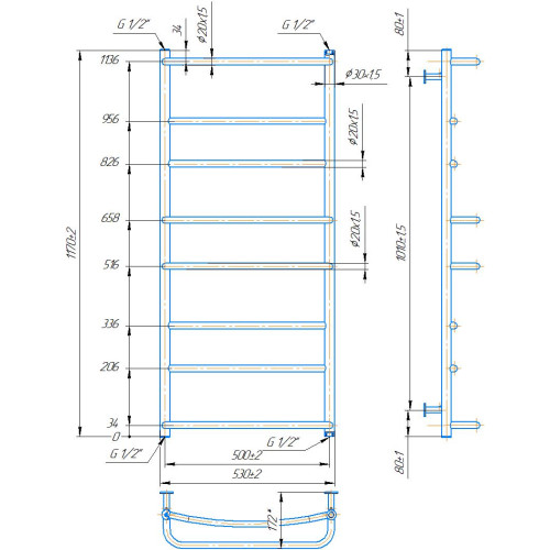 Рушникосушарка MARIO INOX Люкс HP 1170х530/500 1.8.044584.P